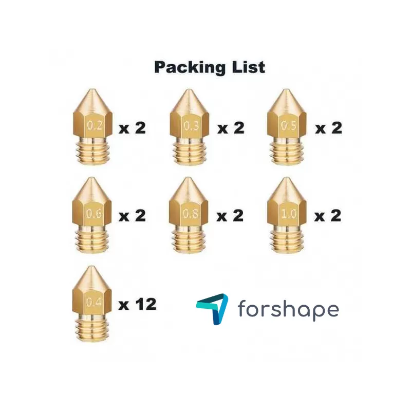 Satz von 24 Messingdüsen MK8 Forshape (2 x 0.2mm, 2 x 0.3mm, 12 x 0.4mm, 2 x 0.5mm, 2 x 0.6mm, 2 x 0.8mm, 2 x 1.0mm) Satz von 24 Messingdüsen MK8 Forshape (2 x 0.2mm, 2 x 0.3mm, 12 x 0.4mm, 2 x 0.5mm, 2 x 0.6mm, 2 x 0.8mm, 2 x 1.0mm)