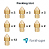 Satz von 24 Messingdüsen MK8 Forshape (2 x 0.2mm, 2 x 0.3mm, 12 x 0.4mm, 2 x 0.5mm, 2 x 0.6mm, 2 x 0.8mm, 2 x 1.0mm) Satz von 24 Messingdüsen MK8 Forshape (2 x 0.2mm, 2 x 0.3mm, 12 x 0.4mm, 2 x 0.5mm, 2 x 0.6mm, 2 x 0.8mm, 2 x 1.0mm)